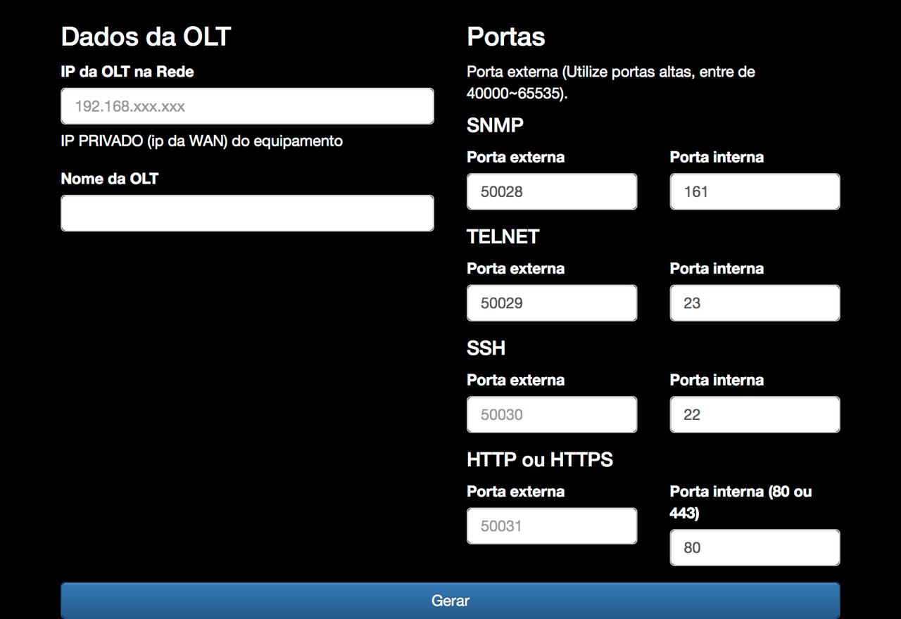 Tela do Gerador de Regras OLTNET